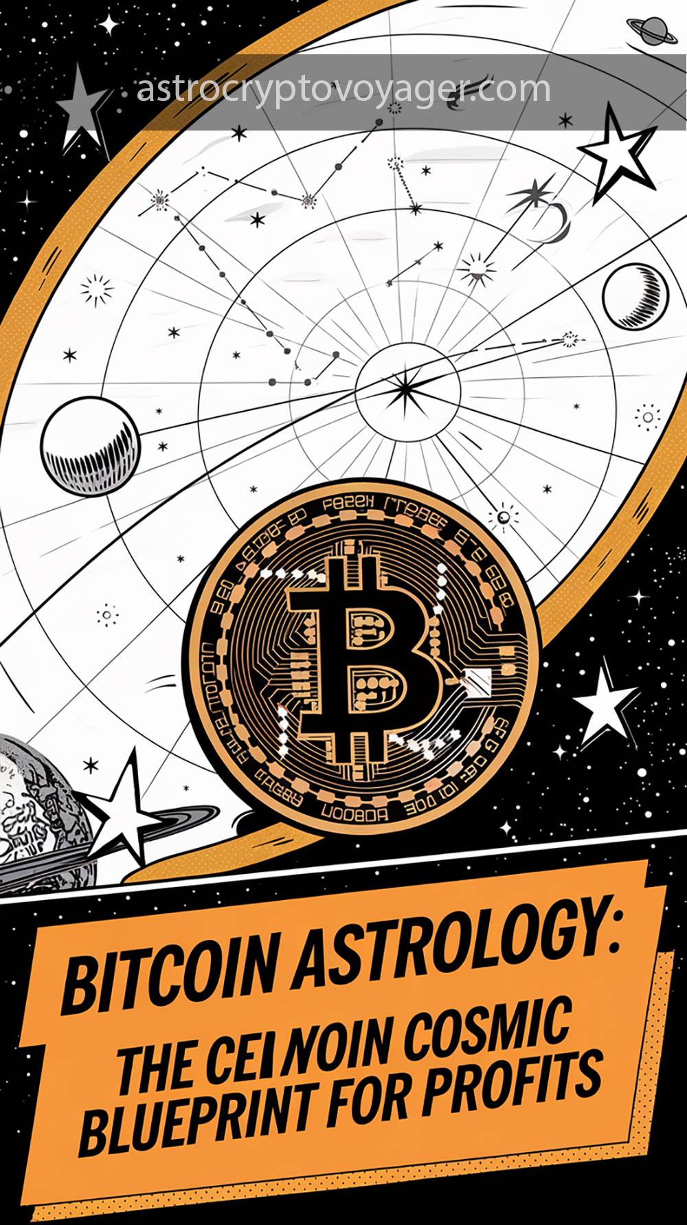 Comic book style, black and white with orange accents: Text on the image: "Bitcoin Astrology The Cosmic Blueprint for Profits"